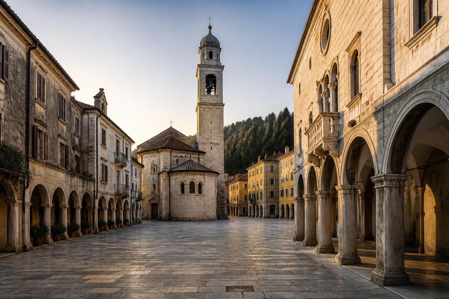 Piazza del centro storico di Bassano del Grappa con i portici